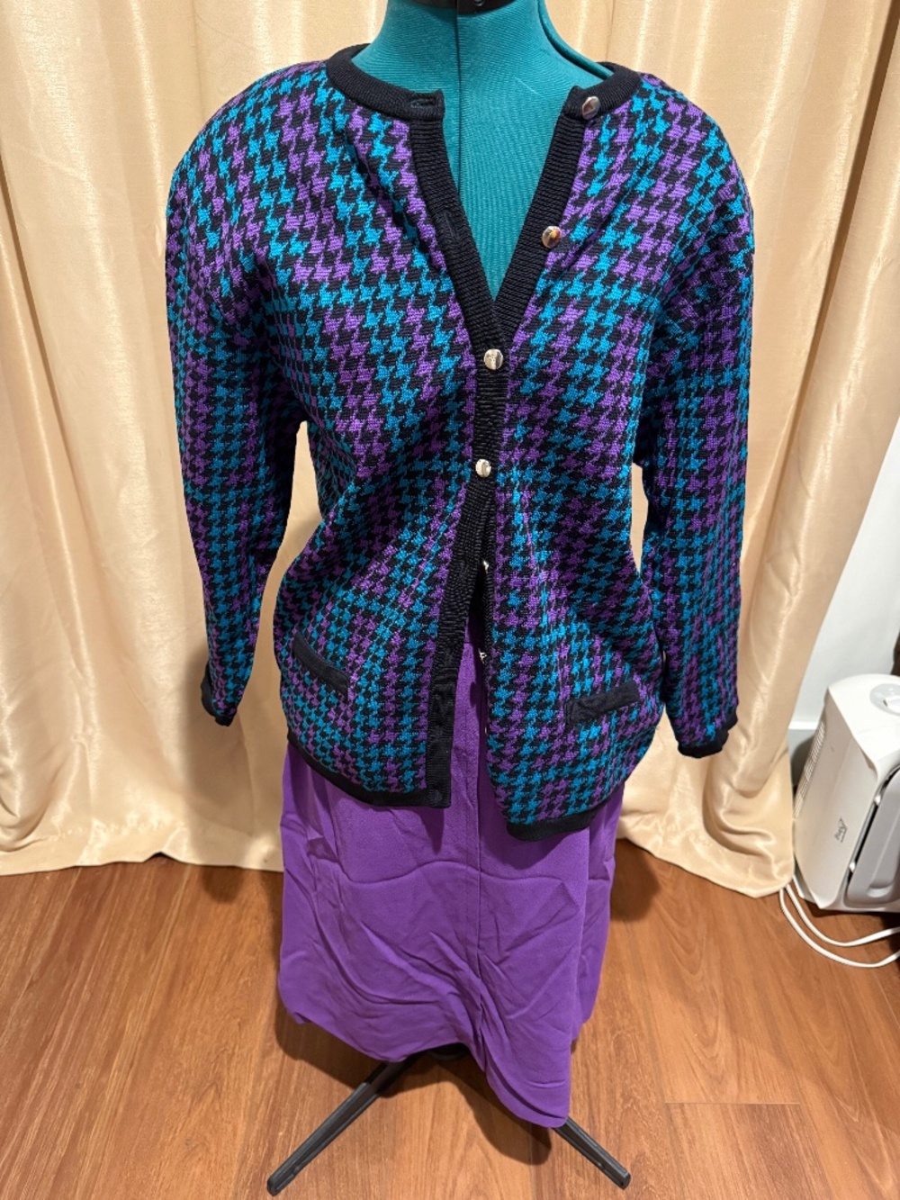Vintage JAEGER London 100% Wool Houndstooth Cardigan & Skirt Set | Medium 38